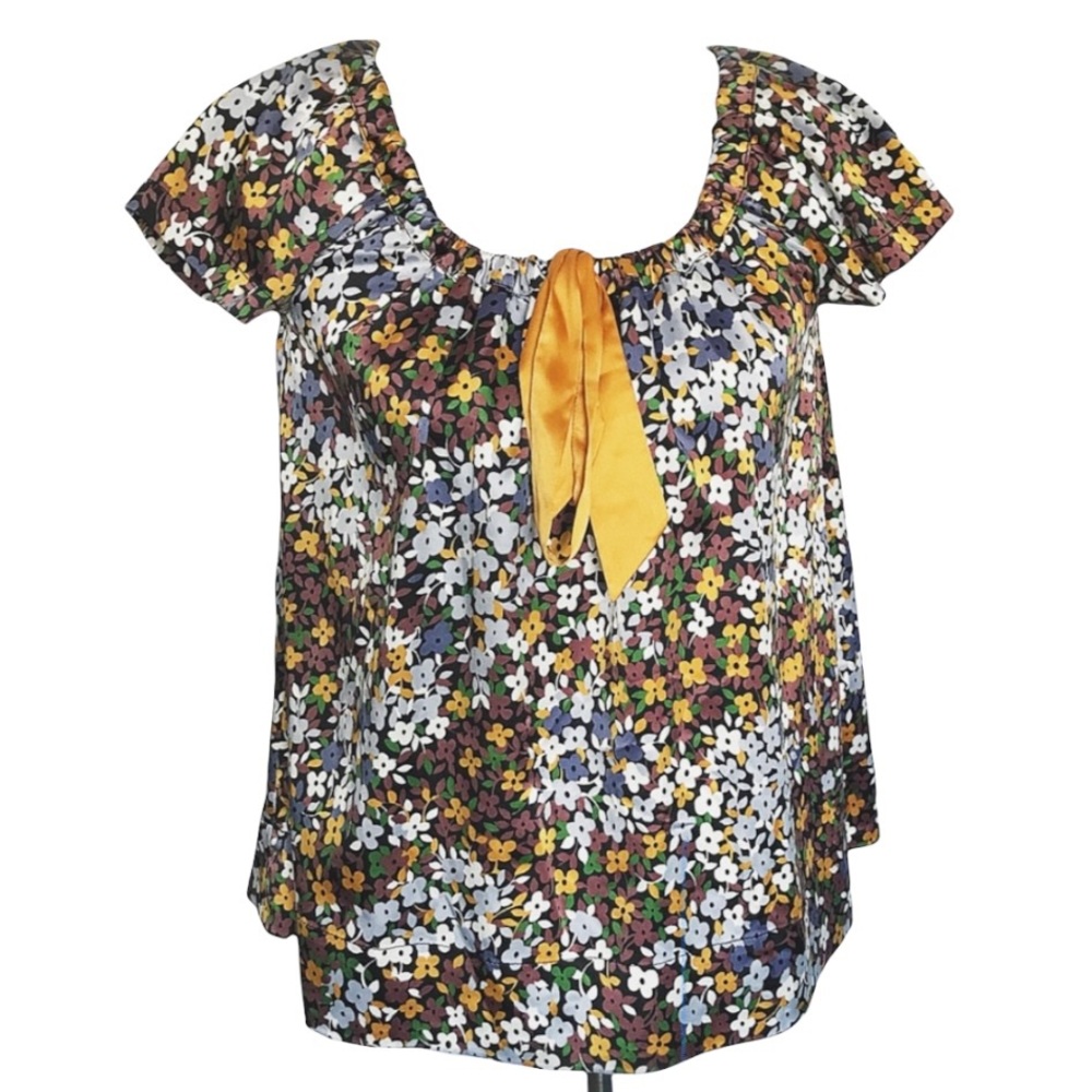 H&M Timeless Silky Floral Gathered Scoop Neck Sash Bow Toe Cottage Core Top 4